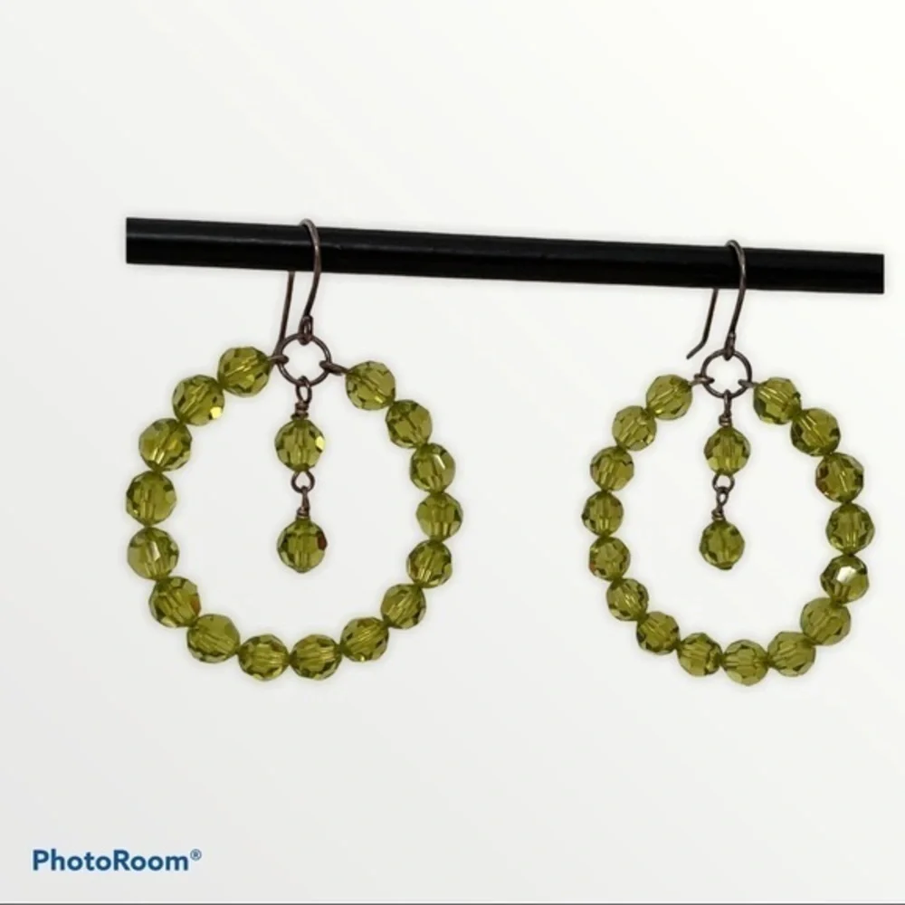 925 Sterling Silver Lime Green Crystal Beaded Hoop Ball Drop Earrings NEW